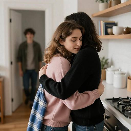 Warm Kitchen Hug Between Two Women