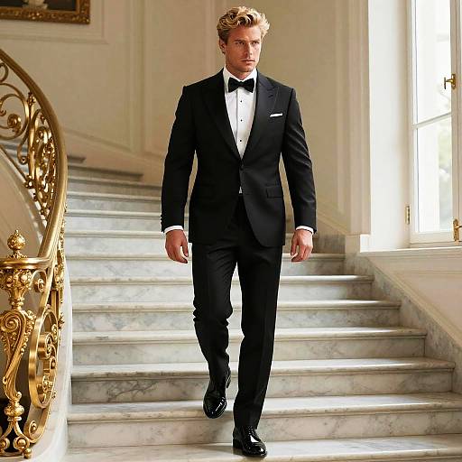 Photograph of a handsome, blonde man in a black tuxedo with a bow tie, walking down a marble staircase with an ornate, gold