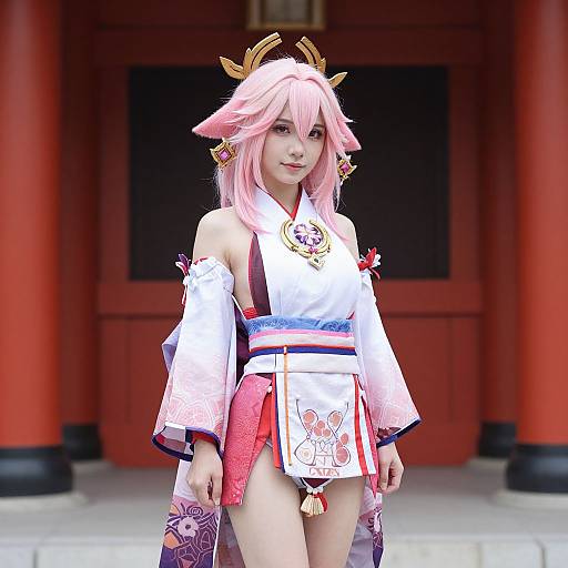 Digital cosplay photograph of an Asian woman with pink hair, gold antlers, white and red traditional Japanese outfit, standing in front of a red shrine door