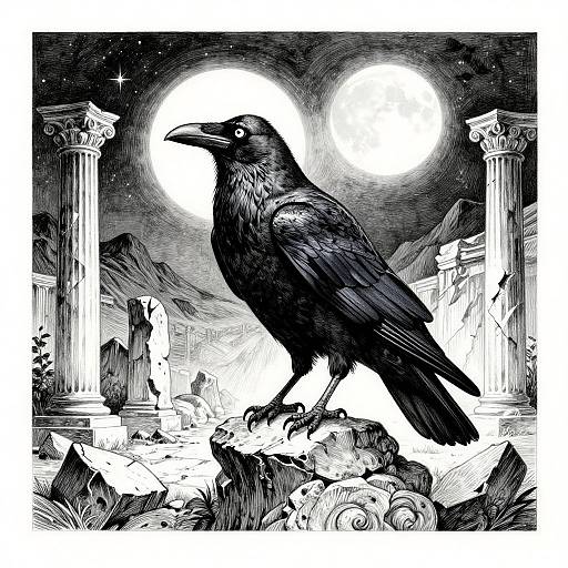 Black and white ink drawing of a crow standing on ruins with broken columns, moon and stars in the night sky.