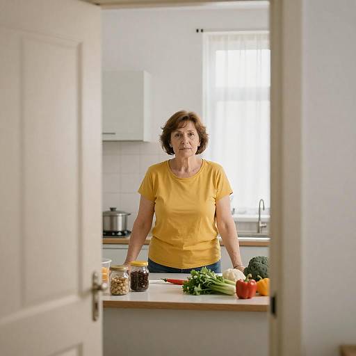Middle-Aged Woman with Vegetables Display
