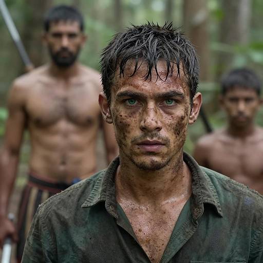 Intense Man with Green Eyes in Forest