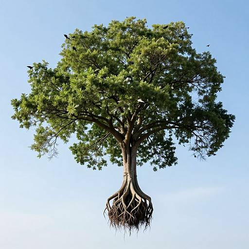Photograph of a large, green-leaved tree with visible roots floating in mid-air against a clear blue sky.