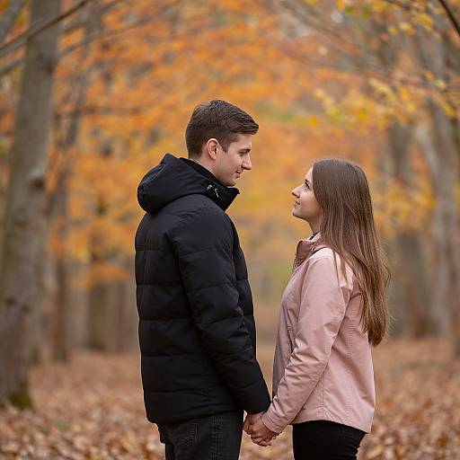 Photograph of a young couple standing in an autumn forest, holding hands, wearing black and pink jackets, smiling at each other.