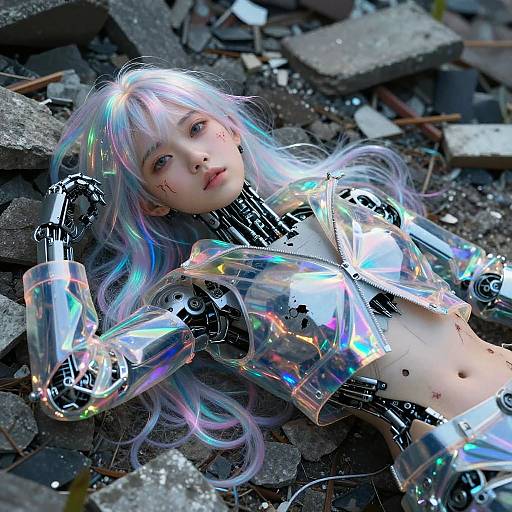 Ruined Cyborg Girl in a Desolate Landfill