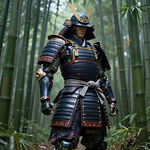 Photograph of a samurai warrior in detailed black and gold armor, standing in a dense bamboo forest, with sunlight filtering through.