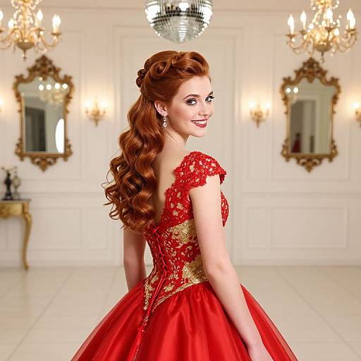 Photograph of a smiling woman with long, curly red hair, wearing a red and gold lace dress, in an elegant, chandelier-lit room