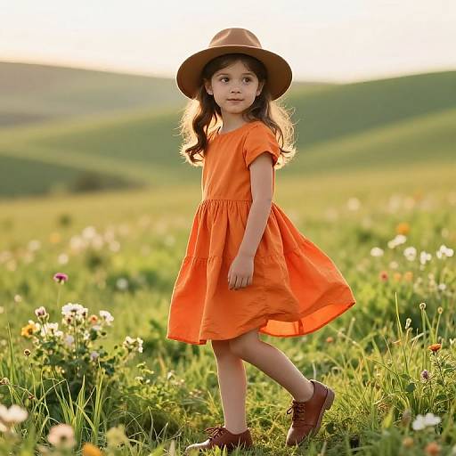 Girl in Sunny Meadow with Orange Dress
