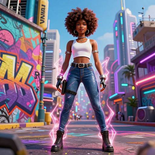 Digital art of a confident Black woman with afro, white tank top, blue jeans, black boots, glowing pink lightning, standing in vibrant, neon