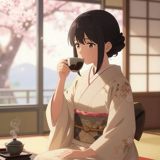 Anime Girl Sipping Tea in Kimono