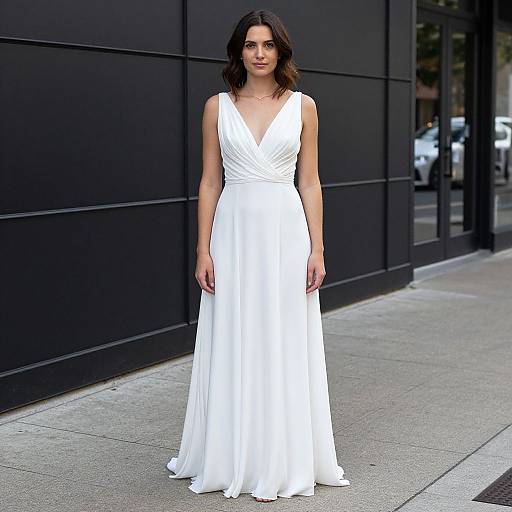 Photograph of a young woman with wavy brown hair, wearing a sleeveless, V-neck white gown, standing against a black paneled building facade