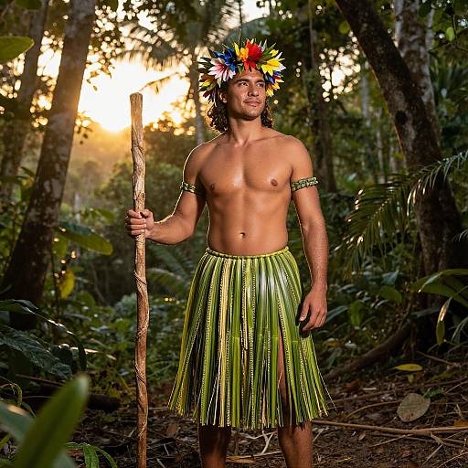 Serene Tribal Warrior in Tropical Jungle