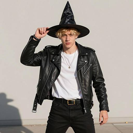 Young man in witch hat and leather jacket