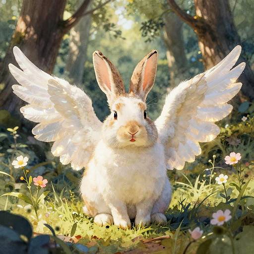 Photorealistic digital art of a white bunny with glowing angel wings, standing in a sunlit forest clearing with daisies.