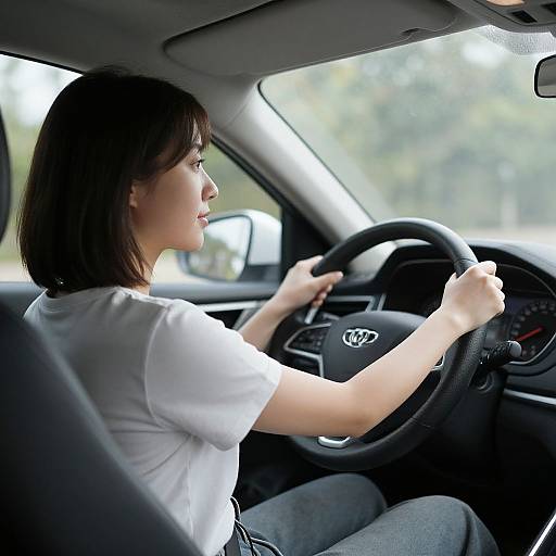 Photograph of an Asian woman with shoulder-length black hair, wearing a white t-shirt and gray pants, driving a black Honda car.