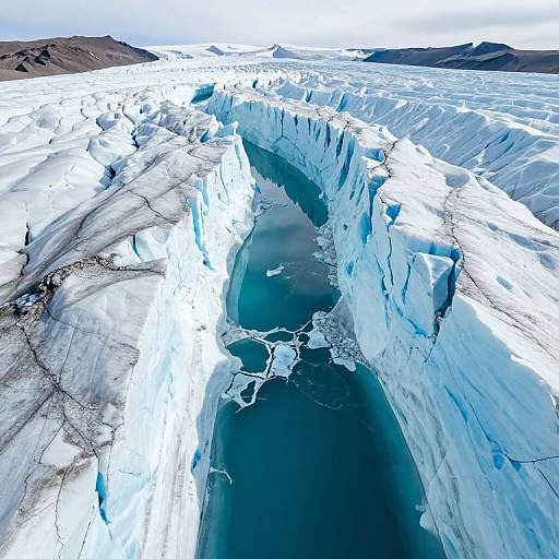 Photograph of a towering, icy glacier with a deep, turquoise crevasse. Cracked, blue-tinged ice walls surround dark, reflective