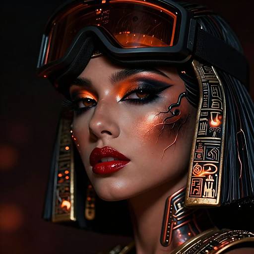 Digital portrait of a futuristic Egyptian woman with glowing orange eye makeup, red lipstick, metallic headgear, and intricate earpieces, set against a dark,