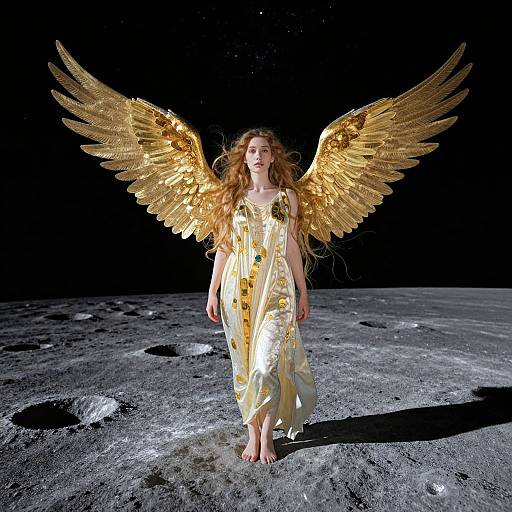 Photograph of a fair-skinned woman with long red hair, golden wings, and a yellow dress, standing on a moonlit, cratered surface