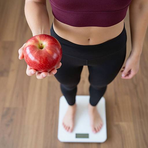 Photograph of a woman with a toned midsection, wearing a purple crop top and black pants, standing on a scale, holding a red apple in