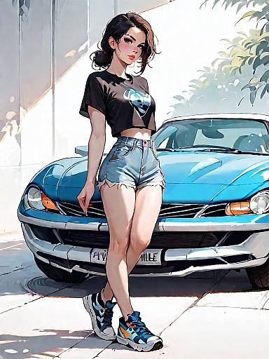 Woman in Casual Streetwear Standing by Classic Blue Car