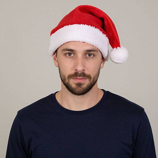 Photograph of a bearded man with light skin wearing a red and white Santa hat and a black shirt against a plain gray background.