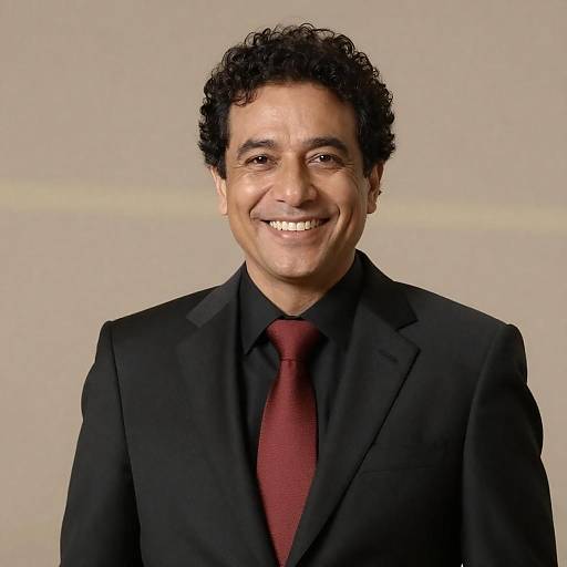 Smiling Man in Black Suit with Red Tie