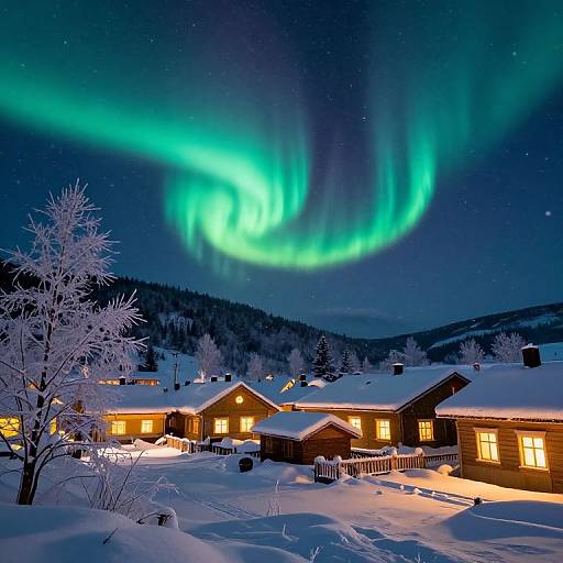 Photograph of a snowy village at night with vibrant green Northern Lights, illuminated wooden houses, frost-covered trees, and a starry sky.