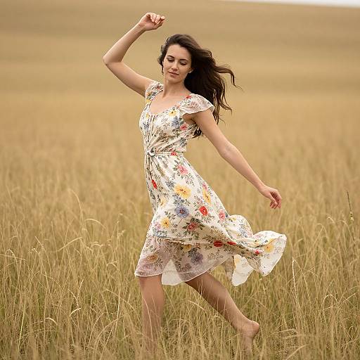 Photograph of a smiling, dark-haired woman in a floral dress dancing barefoot in a golden wheat field, arms raised joyfully.