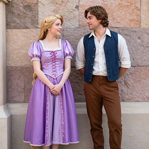 Photorealistic CGI of a blonde woman in a lavender princess dress and a brown-haired man in a white shirt and vest standing against a stone wall,