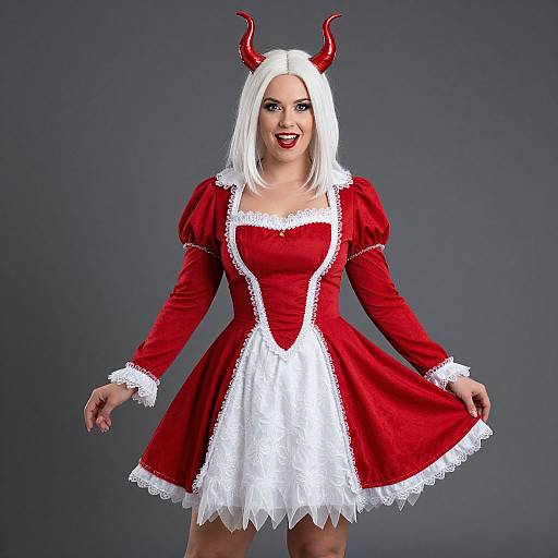 Photograph of a woman with white hair, red devil horns, red and white maid dress, smiling, against a dark gray background.