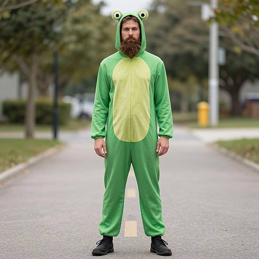 Photograph of a bearded man in a green frog onesie with hood and frog ears, standing on a suburban street.