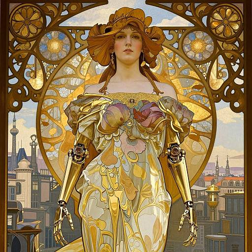 Digital art of a fair-skinned, red-haired woman with golden robotic arms and a flower-adorned gown, standing in front of an ornate