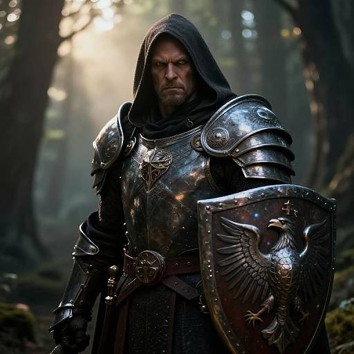 Photorealistic CGI of a stern, bearded man in medieval armor with a hood, holding a shield featuring a detailed eagle, standing in a mist