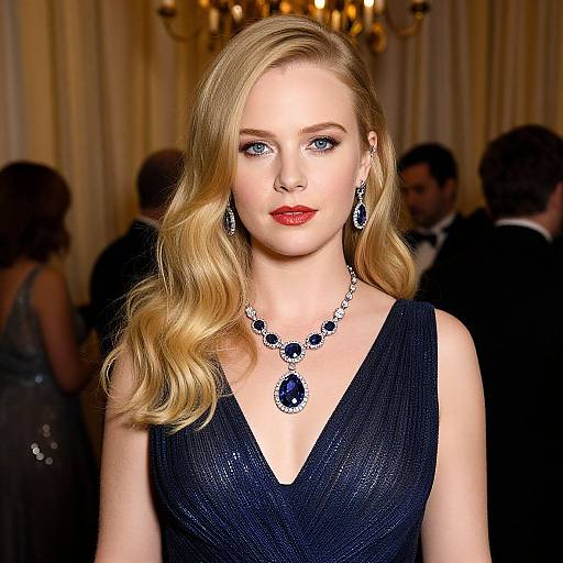 Photograph of a blonde woman with wavy hair, wearing a black V-neck dress, red lipstick, and blue gemstone necklace, standing in a