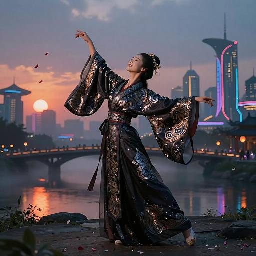 Masked Noh Dancer on Neon Bridge