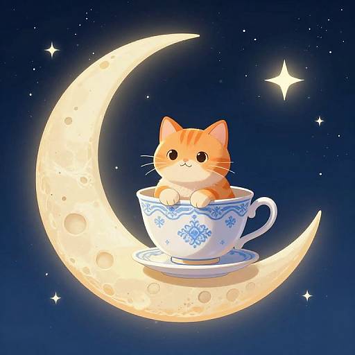 Cat in Teacup on Crescent Moon