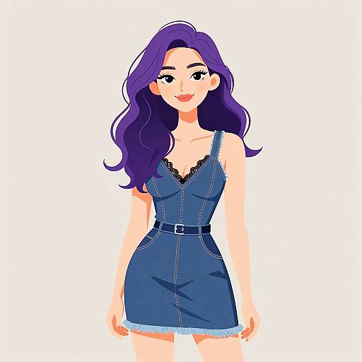 Digital illustration of a smiling woman with long purple hair, wearing a blue denim dress with black lace trim and a belt.