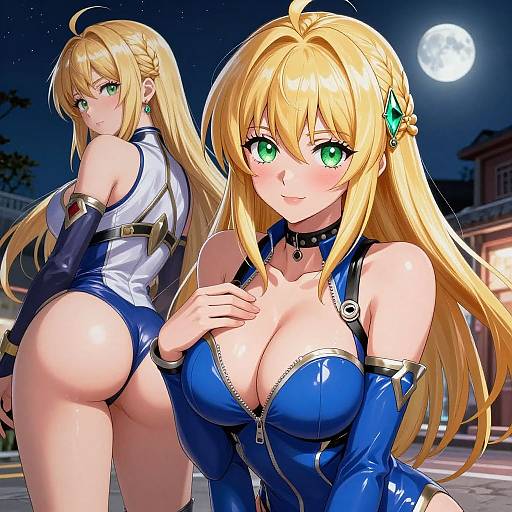 Digital anime artwork of a blonde, green-eyed woman with large breasts in a blue, zipper-front, latex outfit, posing at night under a full moon