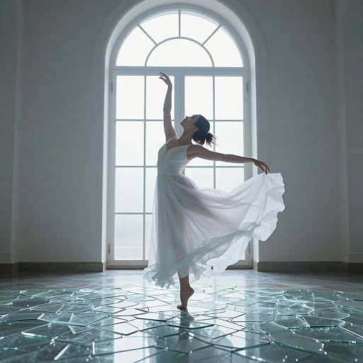 Elegant ballerina in flowing white dress, poised gracefully on pointe, illuminated by arched window in minimalist, reflective room. Photograph.
