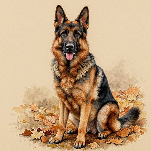 Digital painting of a German Shepherd sitting on autumn leaves, tongue out, with a beige and black fur pattern, alert eyes, and a warm, textured
