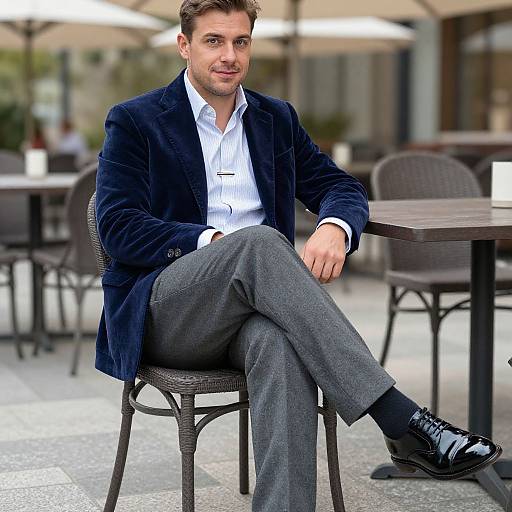 Photograph of a handsome, fair-skinned man with short brown hair, wearing a navy velvet blazer, white shirt, gray pants, and black