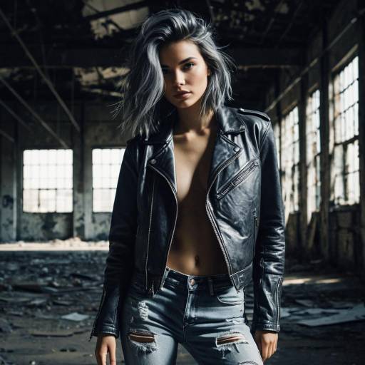 Fashion Model with Steel Gray Hair in Leather Jacket Fashion Model with Steel Gray Hair in Leather Jacket