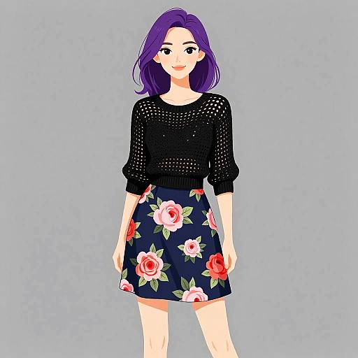 Elegant Woman in Floral Skirt and Knit Sweater