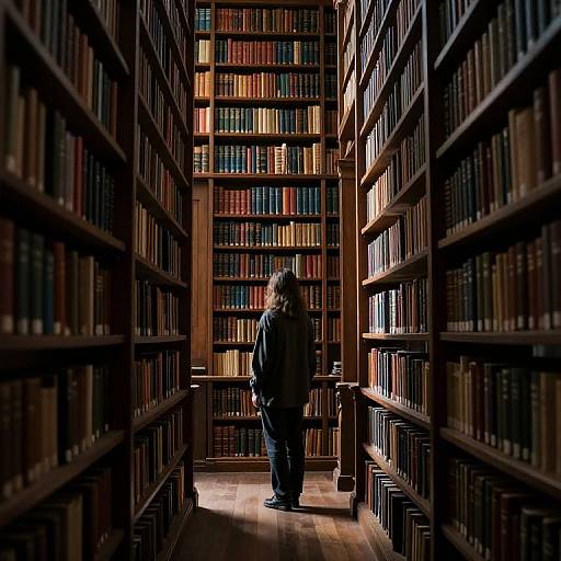 Photograph of a person with long hair standing in a dimly lit, narrow library aisle, surrounded by tall, filled bookshelves. Warm light