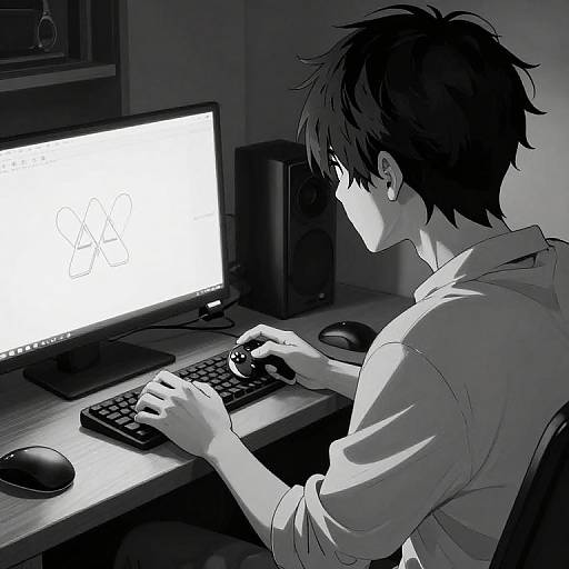 Anime-style digital drawing of a young man with short, messy black hair, wearing a white shirt, typing on a computer in a dimly lit room