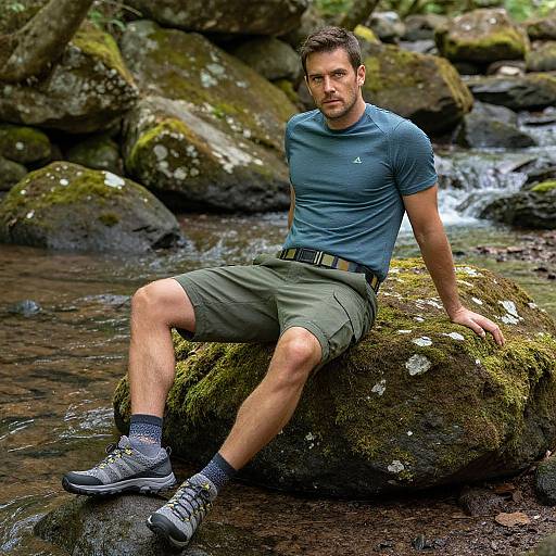 Photograph of a muscular, bearded man in a blue shirt, olive shorts, and gray hiking boots, sitting on a moss-covered rock by a