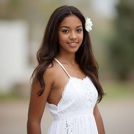 Photograph of a smiling young Black woman with long, wavy dark hair, wearing a white lace dress and a white flower in her hair, standing