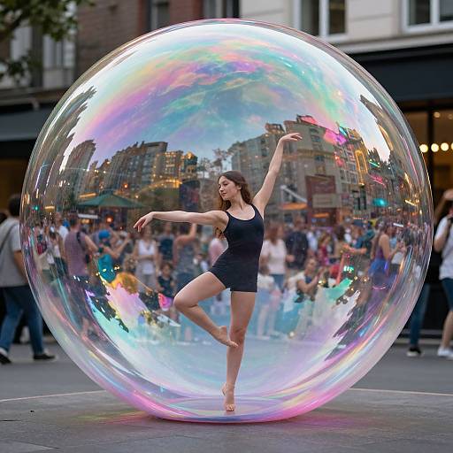 Photograph of a dancer in a black leotard, balancing on one leg inside a large, colorful, iridescent bubble in a bustling city