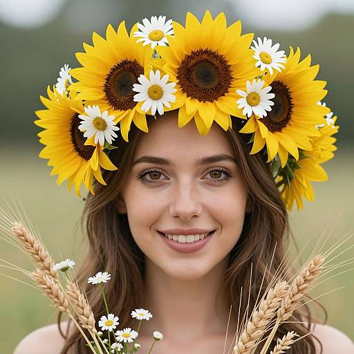 Photograph of a smiling young woman with wavy brown hair, wearing a sunflower and daisy crown, holding wheat and daisies, against