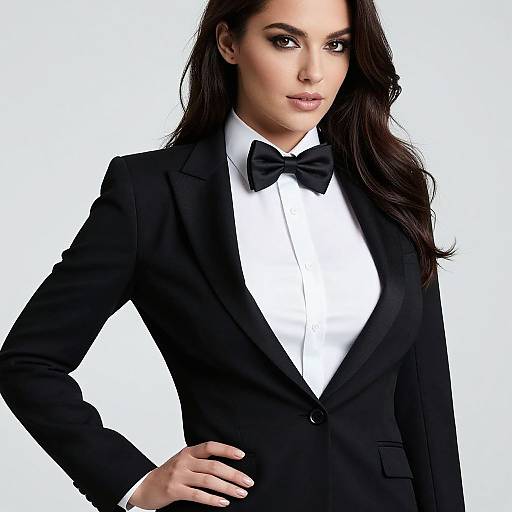 Photograph of a confident woman with long dark hair, wearing a black tuxedo with a bow tie, white shirt, and black blazer,